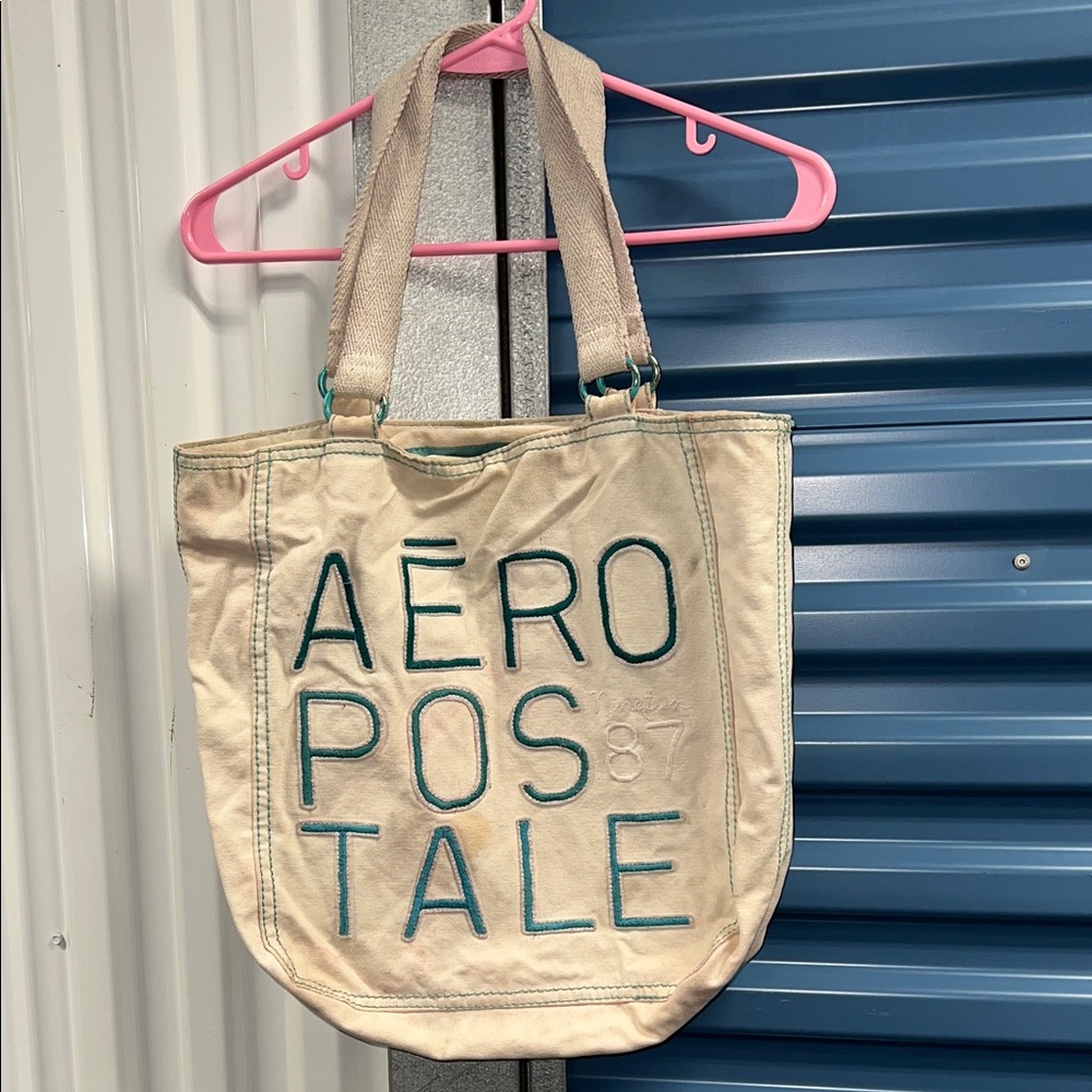 Aeropostale Cream Canvas Tote with Teal Embroidered Logo